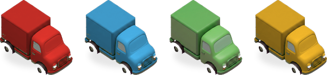 Four delivery trucks: red, blue, green and yellow